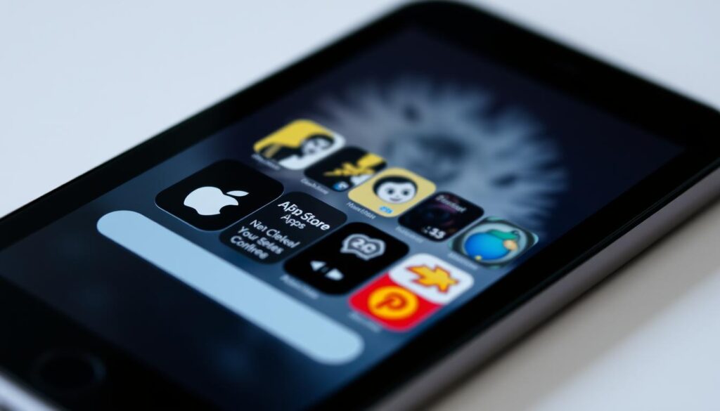 An iPhone or iPad screen displaying the App Store interface with a clean, minimalist design. The foreground features the App Store logo, search bar, and a selection of app icons arranged in a grid layout. The middle ground showcases several featured app tiles, highlighting their logos and titles. In the background, a subtle gradient or blurred pattern sets a calm, professional atmosphere. The lighting is soft and diffused, creating a crisp, high-resolution appearance. The camera angle is slightly elevated, providing a clear, unobstructed view of the App Store interface.