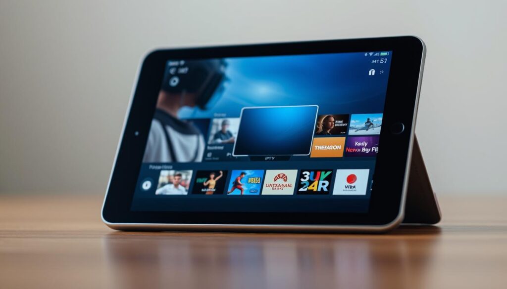 a detailed, photorealistic image of an iOS device (iPhone or iPad) displaying an IPTV player application on the screen. The device is shown at a slight angle, allowing the viewer to see the crisp, high-resolution interface of the IPTV player. The background is blurred, with a soft, muted gradient that creates a sense of depth and focus on the device. The lighting is natural and diffused, enhancing the clarity and vibrancy of the on-screen elements. The overall mood is calm and professional, reflecting the informative nature of the article section.