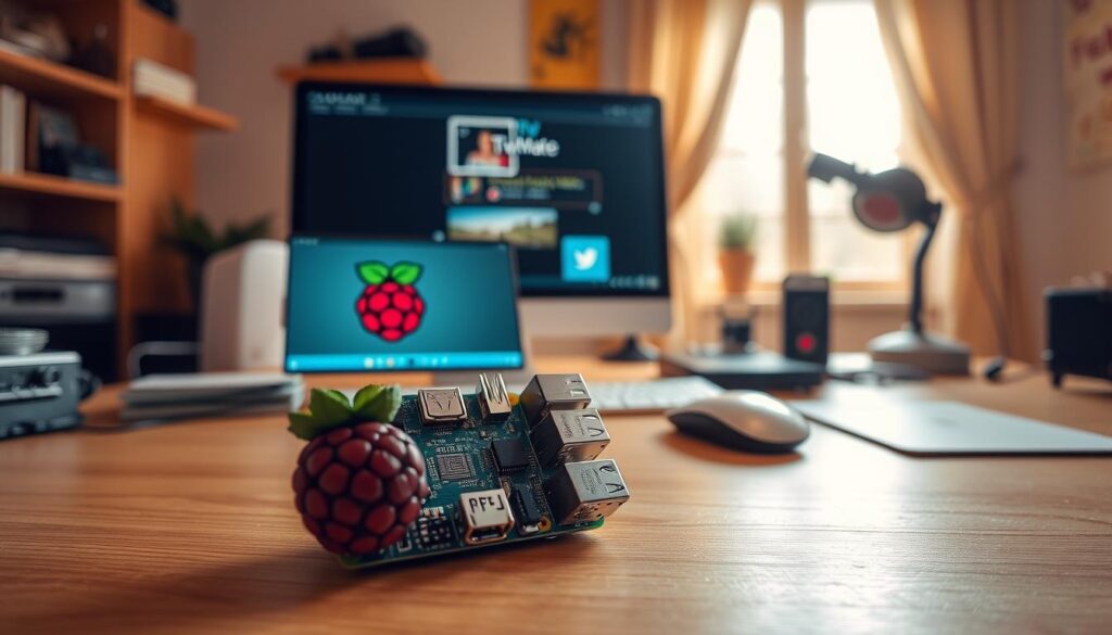 A Raspberry Pi device prominently displayed in the foreground, its screen showing the TiviMate app interface. The middle ground features a clean, minimalist workspace with a keyboard, mouse, and other peripherals, all neatly arranged. The background depicts a warm, cozy home office setting, with natural lighting streaming in through a window, creating a sense of comfort and productivity. The overall atmosphere conveys a straightforward, informative tone, suitable for guiding the reader through the process of installing TiviMate on a Raspberry Pi.