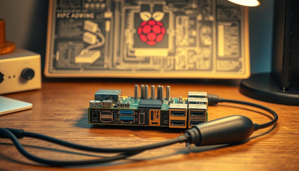 A Raspberry Pi device sits on a wooden desk, its ports and connectors visible. In the foreground, a pair of headphones lies next to the Pi, symbolizing the audio troubleshooting process. The background features a vintage-style blueprint of the Raspberry Pi's hardware, providing technical context. Warm, ambient lighting creates a cozy, problem-solving atmosphere, while a subtle depth of field emphasizes the Raspberry Pi as the focal point. The overall composition and styling convey a sense of methodical, hands-on problem resolution for the Raspberry Pi's audio-related challenges.