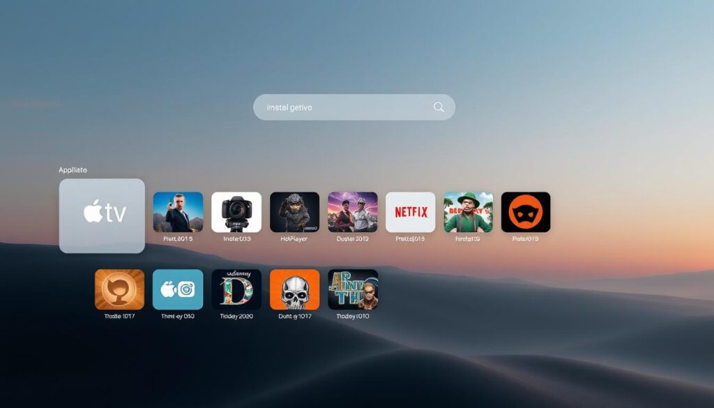 A beautifully designed Apple TV app store interface, with a prominent search bar at the top labeled "procura aplicativo app store Apple TV". The interface has a sleek, minimalist design with clean lines and a soothing color palette of soft grays and blues. The app icons are neatly organized in a grid layout, showcasing a variety of entertainment and lifestyle apps. The overall atmosphere is one of sophistication and ease of use, inviting the user to effortlessly navigate the app store and find the perfect IPTV app, such as HotPlayer, to install on their Apple TV.