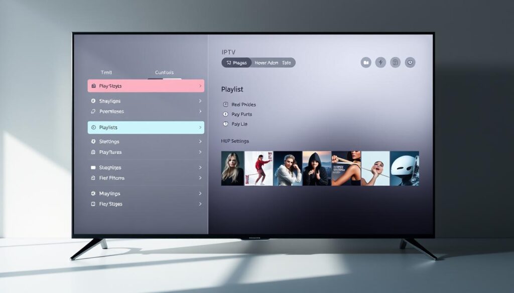 A beautifully designed IPTV playlist configuration interface on a sleek smart TV display. The foreground shows various playlists neatly organized, with intuitive controls and settings. The middle ground features a visually appealing playlist editor, allowing for seamless customization. The background showcases a minimalist, high-contrast UI with subtle gradients, creating a polished and modern aesthetic. Soft, directional lighting from the top left casts gentle shadows, enhancing the depth and three-dimensional feel of the scene. The overall mood is one of simplicity, efficiency, and user-friendliness, perfectly capturing the essence of managing IPTV playlists on a smart TV.