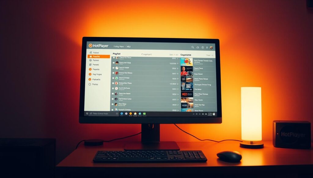 A clean, modern desktop computer screen displaying the HotPlayer IPTV app interface, with a vibrant playlist visible in the m3u format. The screen is illuminated by warm, soft lighting, creating a cozy and inviting atmosphere. The user interface is sleek and intuitive, with clearly labeled sections and controls. The overall composition focuses on the playlist configuration, conveying a sense of organization and customization within the HotPlayer app.