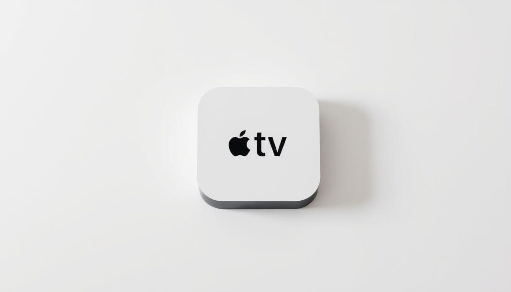 A clean, well-lit Apple TV device centered in the frame, with a minimalist, modern aesthetic. The device is displayed against a plain, off-white background, allowing it to be the focal point. The lighting is soft and diffused, creating subtle shadows and highlights that accentuate the sleek, rectangular design of the Apple TV. The angle is slightly elevated, giving a slight top-down perspective that emphasizes the device's simple, elegant form. The overall mood is calm, professional, and focused on highlighting the Apple TV as the subject of the image.