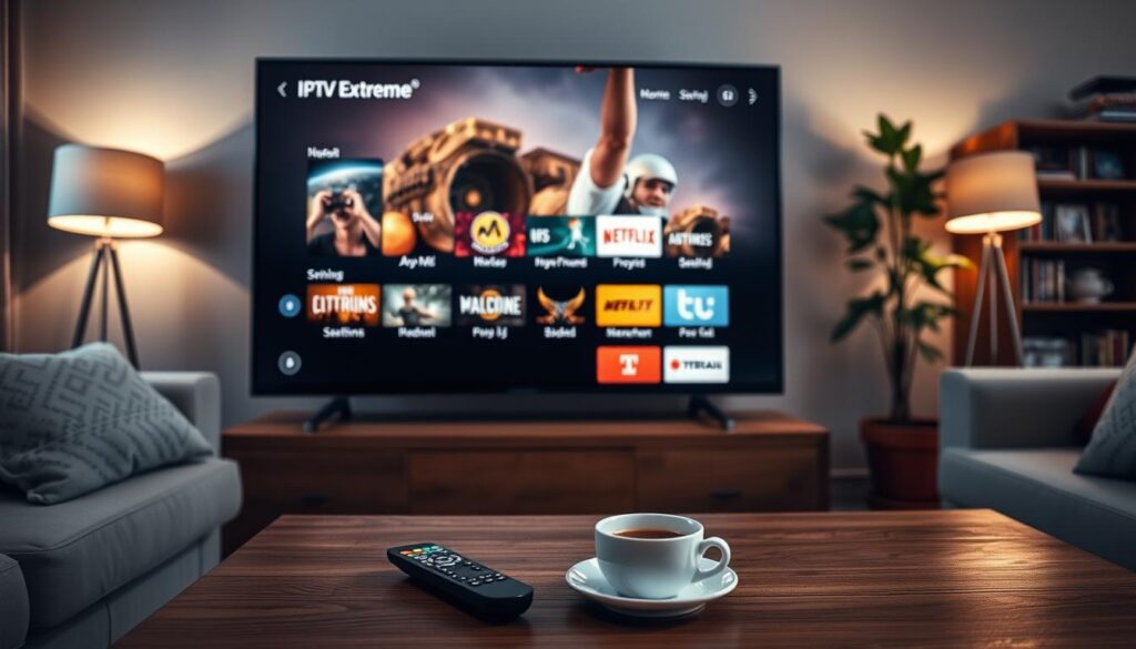 A cozy living room setting with a large smart TV screen displaying the IPTV Extreme interface. The screen shows a selection of streaming channels and a user-friendly menu. In the foreground, a wireless remote control and a cup of coffee sit on a wooden coffee table. Soft lighting from table lamps creates a warm, inviting atmosphere. The background features a bookshelf with streaming-related books and a potted plant, conveying a sense of technology integrated into a comfortable, home environment. The overall scene suggests the ease and convenience of using IPTV Extreme for streaming on a smart TV.