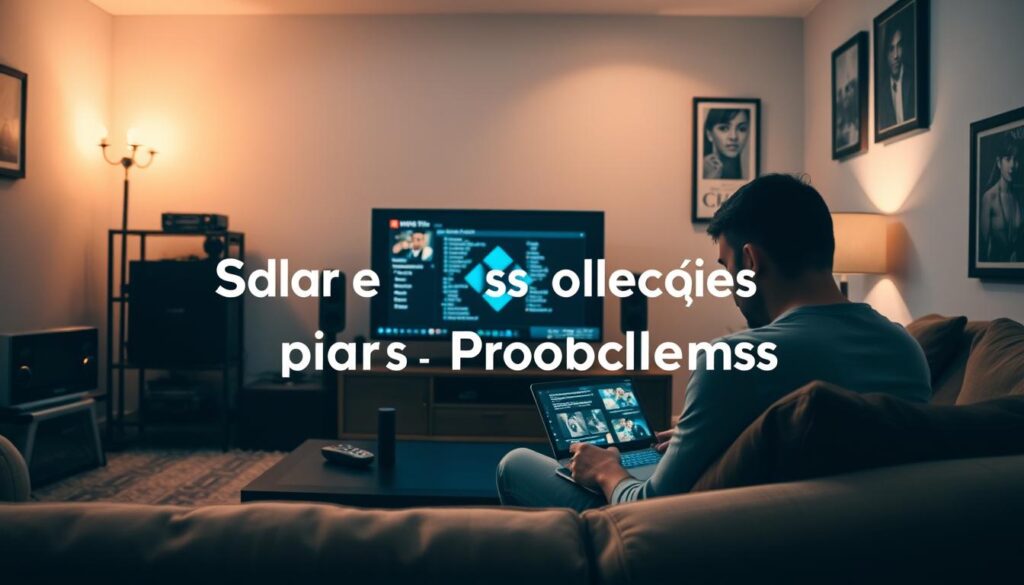 A cozy living room with a sleek smart TV in the middle, surrounded by various electronics and gadgets. In the foreground, a person is sitting on a comfortable couch, intently studying a laptop screen, searching for solutions to common Kodi problems. The room is bathed in warm, soft lighting, creating a relaxed and inviting atmosphere. The walls are adorned with framed posters or artwork, adding to the modern and stylish decor. The overall scene conveys a sense of problem-solving and technological savvy, perfectly capturing the essence of the "Dicas e Soluções para Problemas Comuns" section.