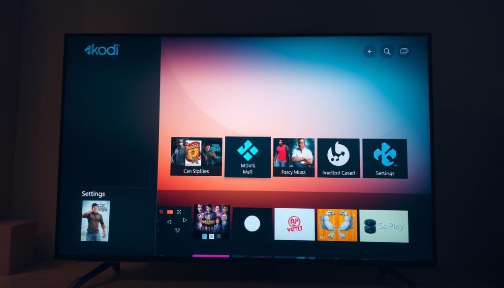 A cozy, well-organized Kodi home screen, showcasing a selection of media libraries and customization options. In the foreground, a sleek, modern TV interface with clean lines and intuitive menu navigation. The middle ground features neatly arranged icons for movies, TV shows, music, and settings, all with crisp, high-resolution visuals. The background showcases a subtle, warm-toned gradient, creating a sense of depth and ambiance. The lighting is soft and balanced, highlighting the clarity and vibrancy of the on-screen elements. The overall composition conveys a sense of control, personalization, and seamless media management, reflecting the "Configuração e Personalização do Kodi" section of the article.