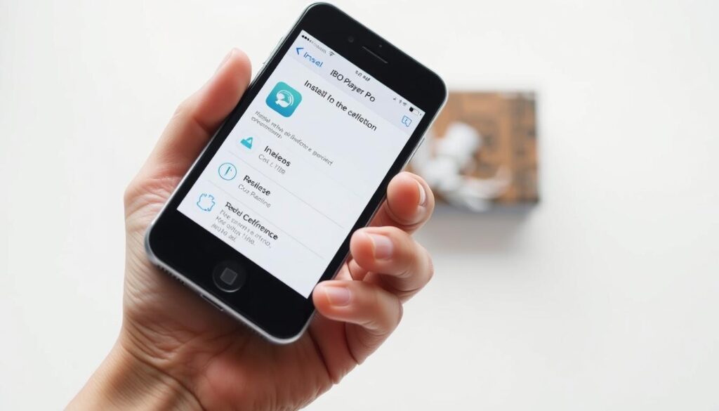 A detailed step-by-step guide to installing the IBO Player Pro on an iPhone. The image shows a hand holding an iPhone with the IBO Player Pro interface displayed on the screen. The foreground is in sharp focus, highlighting the various installation steps represented by icons and UI elements. The background is blurred, providing a clean, minimalist setting to draw the viewer's attention to the primary subject. The lighting is soft and natural, creating a calm, professional atmosphere. The camera angle is slightly elevated, giving a bird's-eye view of the process, making it easy to follow along. The overall composition conveys a sense of clear, easy-to-understand instructions for a seamless installation experience.
