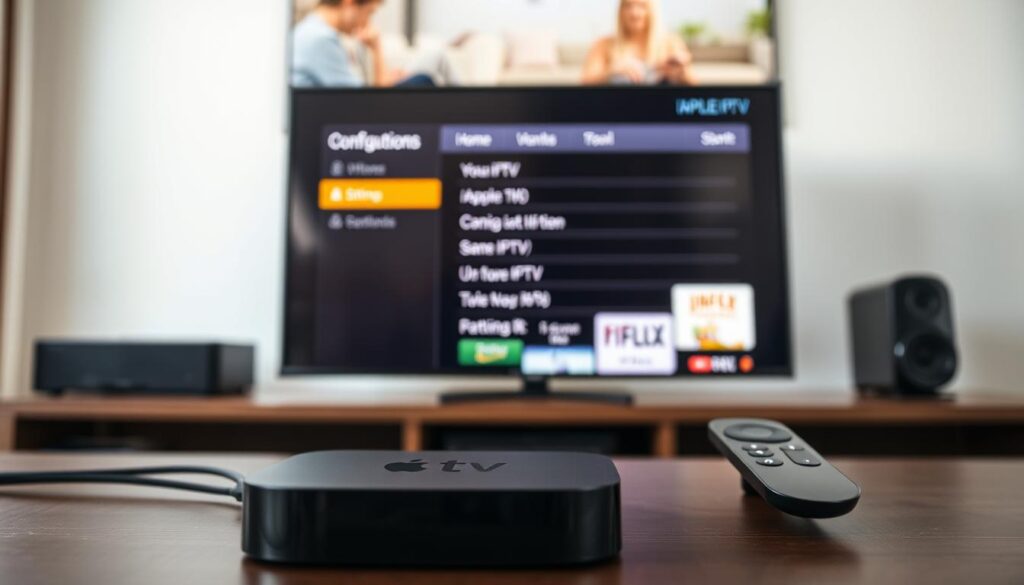 A detailed technical setup of the IPTV configuration on an Apple TV device. In the foreground, the Apple TV set-top box is prominently displayed, with its sleek and minimalist design. The middle ground showcases the IPTV app interface on the Apple TV's screen, highlighting the various configuration options and settings. In the background, a blurred representation of a living room or home entertainment setup, suggesting the integration of the IPTV system into a home environment. The lighting is soft and natural, creating a warm and inviting atmosphere. The camera angle is slightly elevated, providing a clear and comprehensive view of the setup. The overall composition emphasizes the ease of use and seamless integration of the IPTV application on the Apple TV platform.