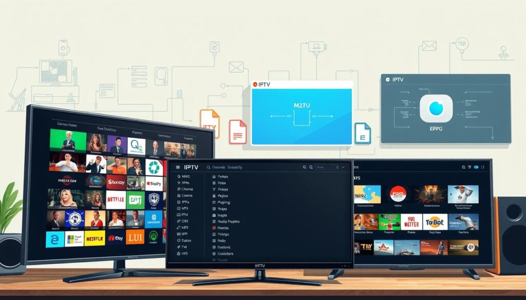 A detailed, well-lit digital illustration showcasing the integration of various IPTV streaming services and their management. In the foreground, a stylized user interface displays a grid of IPTV channels, playlists, and EPG data. In the middle ground, a series of M3U file icons and web application windows represent the different streaming platforms being accessed. The background features a clean, minimalist design with subtle technical elements like data visualizations and network diagrams, conveying the complexity and interconnectivity of modern IPTV management. The overall composition communicates the seamless integration of disparate streaming services, delivering a comprehensive and intuitive IPTV experience.