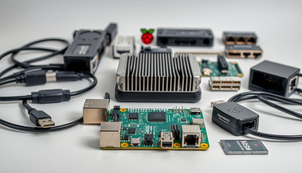 A detailed, well-lit, high-resolution image of the essential hardware components for a Raspberry Pi setup. In the foreground, a Raspberry Pi 4 Model B board, its compact and sleek form prominently displayed. Surrounding it, a selection of key peripherals - a micro-HDMI cable, a USB-C power supply, an Ethernet cable, and a microSD card. In the middle ground, a Raspberry Pi cooling case, its intricate heatsink design visible. In the background, a neatly organized array of additional accessories, such as GPIO breakout boards and USB hubs, all against a clean, minimalist backdrop that emphasizes the technical nature of the setup.