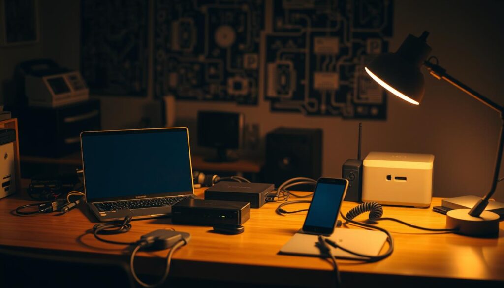 A dimly lit home office with a laptop, smartphone, and IPTV streaming device on a wooden desk. The desk is surrounded by various cables, network devices, and troubleshooting tools, hinting at the complex connectivity issues being resolved. The lighting is warm and focused, creating a contemplative atmosphere as the user concentrates on solving the connectivity problem. The background features subtle, blurred technological elements like circuit boards and network diagrams, emphasizing the technical nature of the task. The overall scene conveys a sense of determination and problem-solving as the user navigates the intricacies of IPTV connectivity.