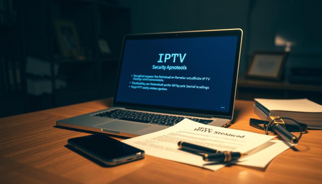 A dimly lit, modern office setting with a laptop, smartphone, and legal documents on a desk. The laptop screen displays security protocols and IPTV streaming information. Soft, warm lighting casts shadows across the scene, creating an atmosphere of contemplation and caution. The background features law-related elements like a bookshelf or framed certificates, hinting at the legal considerations surrounding IPTV usage. The overall composition conveys the careful balance between technology, security, and legality that must be navigated when exploring IPTV options.