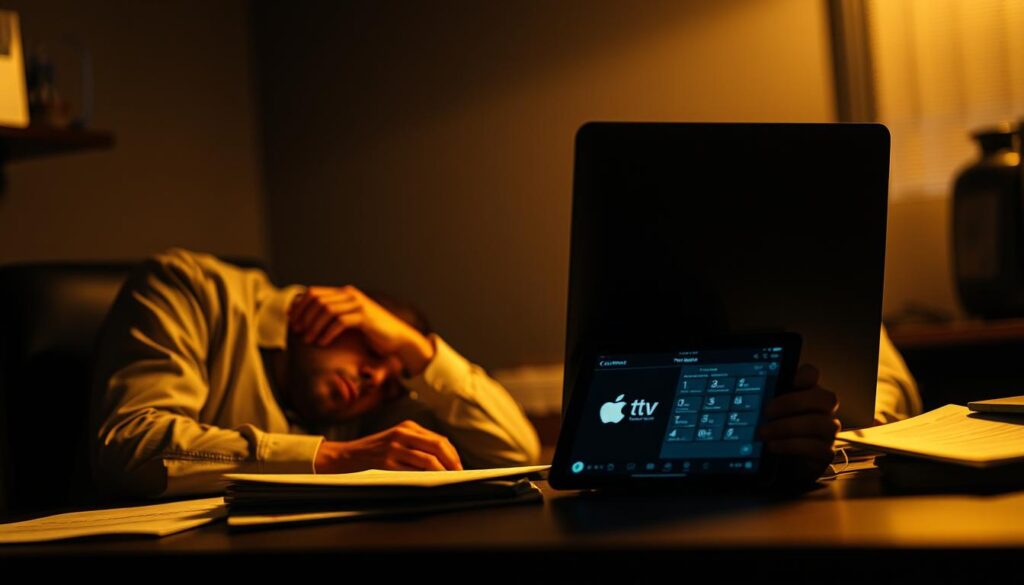A dimly lit office setting, with a frustrated computer user seated at a desk, surrounded by open documents and a tablet displaying the TiviMate app. The user's expression conveys confusion and determination as they grapple with a technical issue. Soft, warm lighting illuminates the scene, creating a contemplative atmosphere. The background is slightly blurred, emphasizing the user's focused attention on the task at hand. The overall composition suggests the theme of "resolução de problemas" (problem-solving) within the context of the TiviMate app installation on an Apple TV.