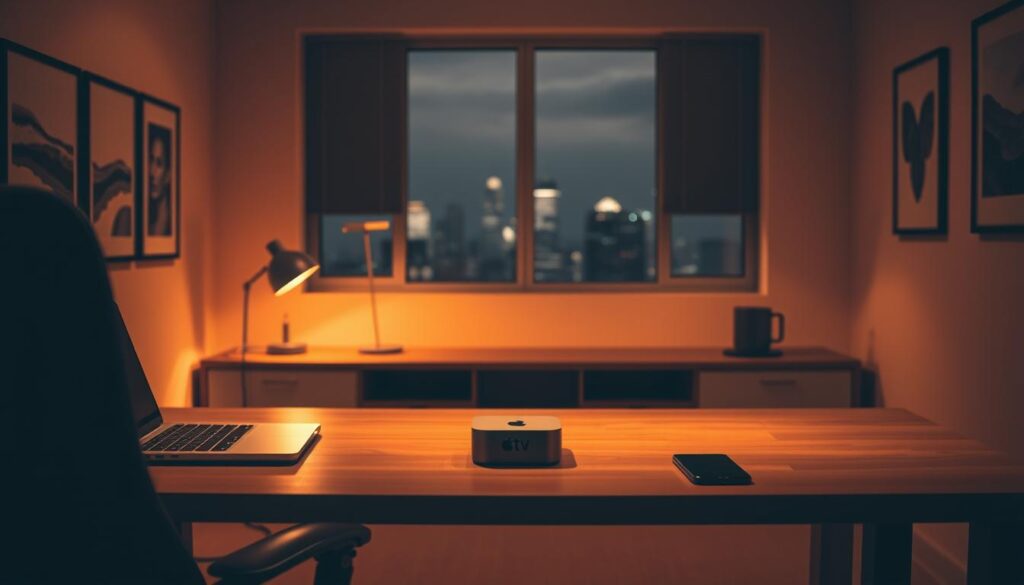 A dimly lit office setting, with a wooden desk and a modern Apple TV device placed prominently in the center. On the desk, a laptop computer and a smartphone are visible, suggesting an attempt to troubleshoot an IPTV issue. The room is bathed in a warm, amber glow, creating a cozy and focused atmosphere. The walls are adorned with minimalist artwork, hinting at the user's refined aesthetic. In the background, a large window provides a glimpse of a city skyline, adding depth and a sense of context to the scene. The overall composition conveys a sense of problem-solving, with the Apple TV serving as the central focus of the viewer's attention.