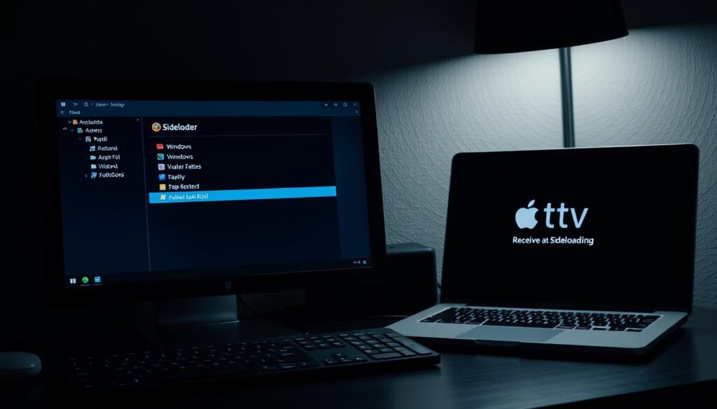A dimly lit workspace with a desktop computer and a laptop side-by-side, showcasing the sideloading process between Windows and Mac operating systems. The desktop screen displays a window with Kodi installation files, while the laptop screen shows the Apple TV interface, ready to receive the sideloaded application. The overall scene conveys a technical and focused atmosphere, with muted tones and subtle lighting to highlight the devices and the sideloading workflow.
