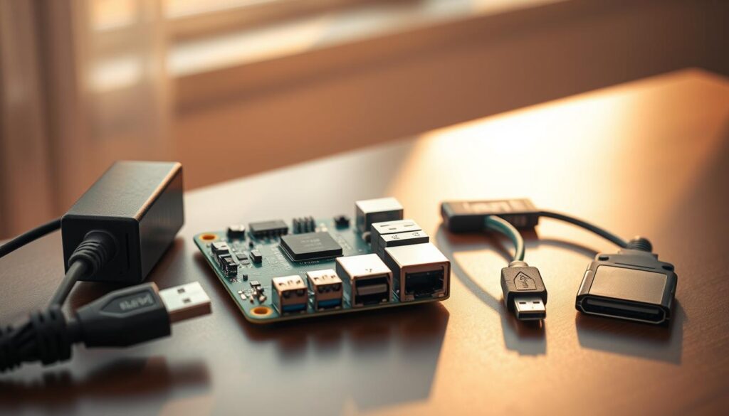 A high-quality photograph showcasing the essential hardware requirements for a Raspberry Pi setup. The image should depict a Raspberry Pi 4 Model B board in the foreground, surrounded by a power supply, an HDMI cable, a USB cable, and a microSD card. The components should be arranged on a sleek, minimalist surface, like a wooden or metal tabletop, illuminated by warm, natural lighting from a nearby window. The background should be blurred, creating a sense of depth and focus on the Raspberry Pi and its accessories. The overall composition should convey a clean, organized, and tech-savvy atmosphere, reflecting the preparatory nature of the hardware and software setup for the Flix IPTV installation guide.