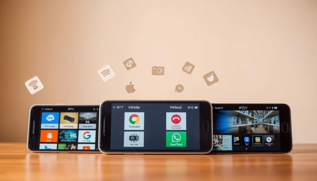 A high-quality, well-designed comparison of popular IPTV apps, showcasing their features and user interfaces side-by-side. The foreground depicts three smartphone screens displaying the interfaces of IPTV Extreme, Tivimate, and Perfect Player apps, arranged in a clean, grid-like layout. The middle ground features subtle, semi-transparent app icons and logos floating around the screens, hinting at the capabilities of each service. The background is a soft, blurred gradient, providing a sense of depth and focus on the app comparisons. Warm, natural lighting creates a professional, informative atmosphere, inviting the viewer to explore the different IPTV options.
