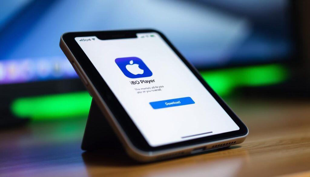 A high-resolution, detailed image of the "App Store" app interface on an iOS device, displaying the "iBO Player" app icon and download button. The screen is brightly lit, with a clean, minimalist design and a sense of sleekness and modernity. The device is shown at a slightly angled, three-quarter view, capturing the full screen and providing a clear, unobstructed view of the app interface. The background is blurred, creating a sense of depth and focus on the app interface. The overall mood is professional, inviting, and reflects the step-by-step guide for installing the iBO Pro app on iOS devices.