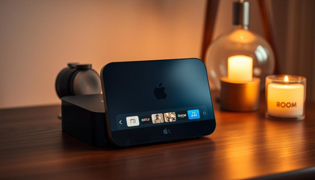 A high-resolution, highly detailed image of a sleek and modern Apple TV device placed on a wooden table, with the Apple TV interface prominently displayed on the screen. The scene is bathed in warm, soft lighting, creating a cozy and inviting atmosphere. The Apple TV is the focal point, surrounded by minimal, yet stylish decor elements that complement the device's design. The image conveys a sense of simplicity, functionality, and the seamless integration of the Room IPTV service into the Apple TV ecosystem.