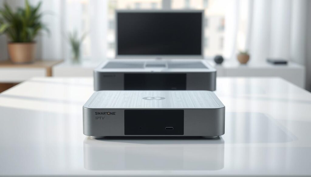 A high-resolution, photorealistic image of the "Smartone IPTV device" on a clean, well-lit tabletop. The device is centered in the frame, showcasing its sleek, modern design with metallic accents. The background is softly blurred, creating a sense of depth and focus on the subject. The lighting is natural and diffused, highlighting the device's texture and features. The angle is slightly angled to provide a clear, three-dimensional view of the Smartone IPTV device. The overall mood is professional and technical, conveying the device's capabilities and compatibility.