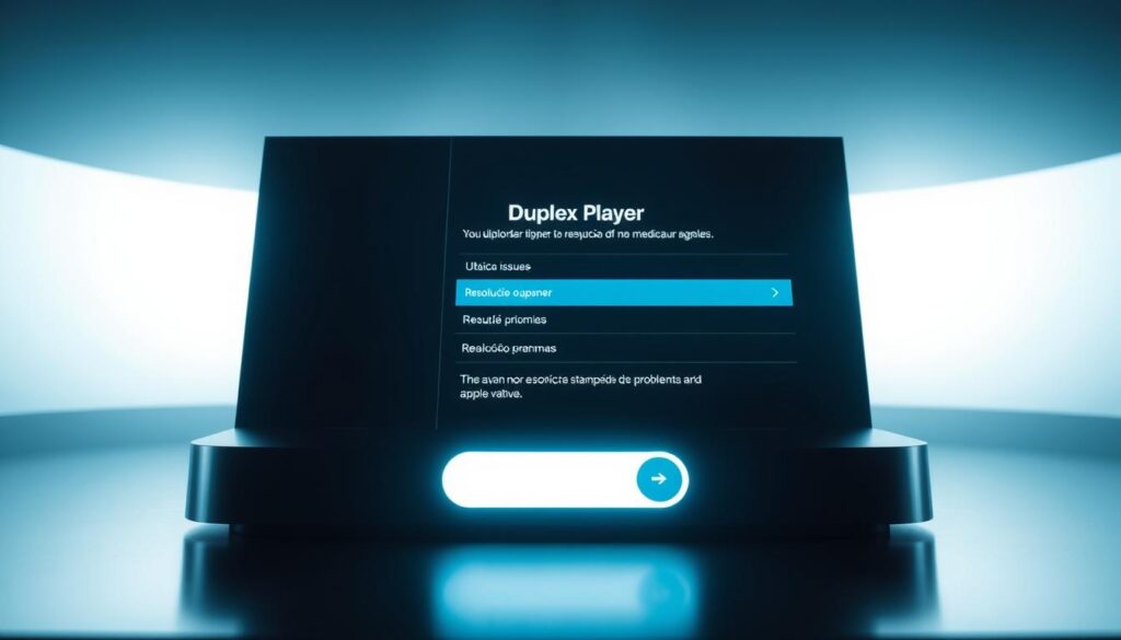 A high-tech diagnostic screen displaying a resolução problemas interface for the Duplex Player app on an Apple TV, with a sleek, minimalist aesthetic. The screen is bathed in cool, futuristic lighting, creating an atmosphere of technological sophistication. In the foreground, various troubleshooting options and toggles are clearly visible, inviting the user to navigate and resolve any issues with the media player. The background features a subtle gradient, hinting at the advanced capabilities of the device. The overall composition conveys a sense of control and mastery over the technological challenges, perfectly aligning with the "Dicas Avançadas e Resolução de Problemas no Apple TV" section of the article.