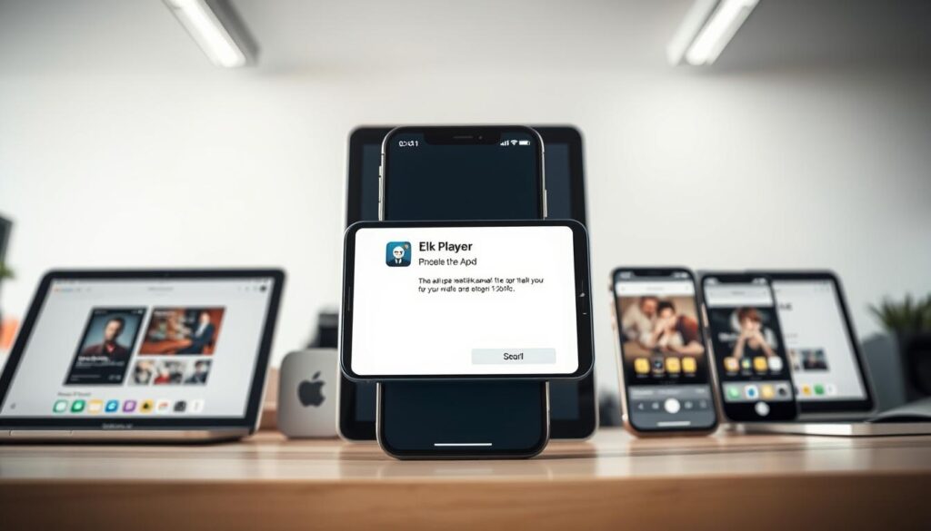 A meticulously detailed scene of the iOS app installation process. In the foreground, an iPhone or iPad screen displays the Elk Player app installation progress. The middle ground features various iOS devices, each showcasing the different steps of the installation workflow. In the background, a clean, minimalist workspace with sleek technology and modern design elements sets the tone. The lighting is soft and natural, highlighting the crisp interface elements and creating a sense of professionalism and ease of use. The camera angle captures the installation process from a slightly elevated, frontal perspective, conveying a sense of guidance and instruction.