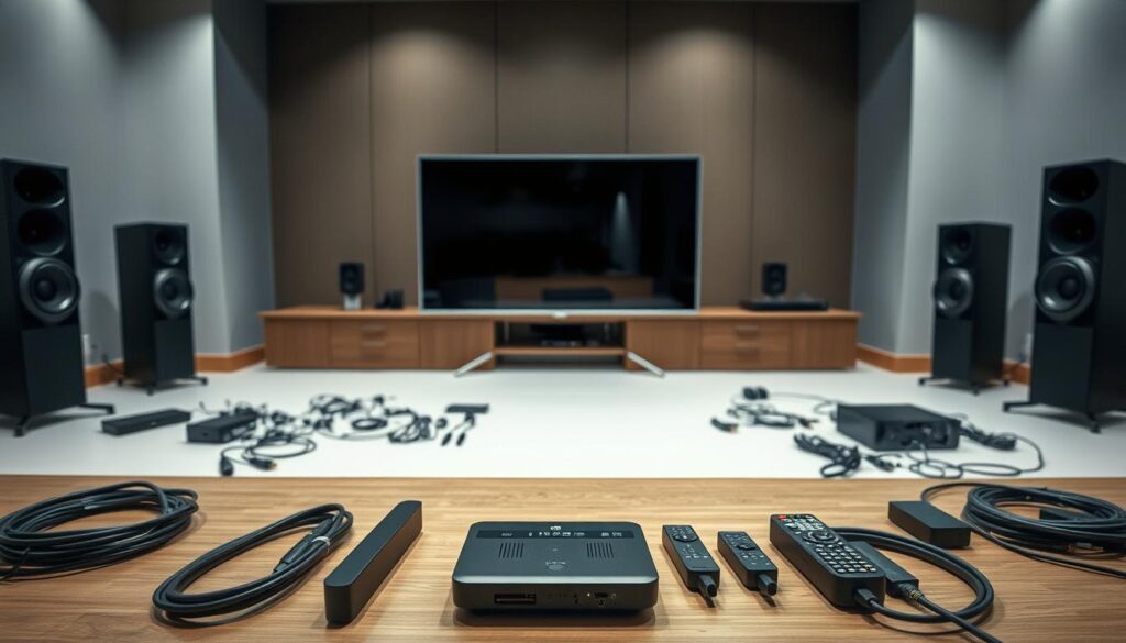 A meticulously prepared workspace, with a sleek smart TV positioned prominently in the foreground. In the middle ground, an array of cables, adapters, and remote controls are neatly arranged, conveying a sense of organization and attention to detail. The background features a minimalist interior design, with clean lines and muted colors, creating a calming and focused atmosphere. Soft, diffused lighting illuminates the scene, highlighting the technological components while maintaining a sense of balance and harmony. The overall impression is one of anticipation and readiness, setting the stage for a successful IPTV installation.