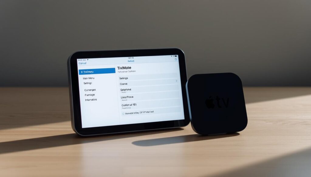 A minimalist setup of an Apple TV device with the TiviMate application open on the screen, displaying its initial configuration interface. The device is positioned on a simple, well-lit wooden surface, casting a soft, natural shadow. The interface showcases the app's main menu, settings, and setup options, all rendered in a clean, modern design. The overall scene conveys a sense of simplicity, accessibility, and the ready-to-use nature of the TiviMate application on the Apple TV platform.