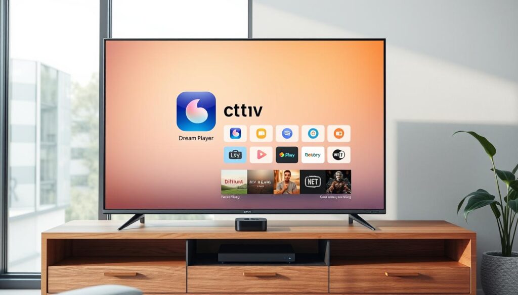 A modern Apple TV device with the Dream Player app prominently displayed on the screen. The app interface shows a sleek and intuitive design, with clear icons and a visually appealing layout. The TV is placed on a minimalist wooden entertainment unit, against a bright, airy background with natural lighting from large windows. The scene exudes a sense of simplicity, functionality, and seamless integration of technology into a comfortable living space. The overall mood is one of calm, ease, and the effortless enjoyment of streaming media on a big-screen TV.