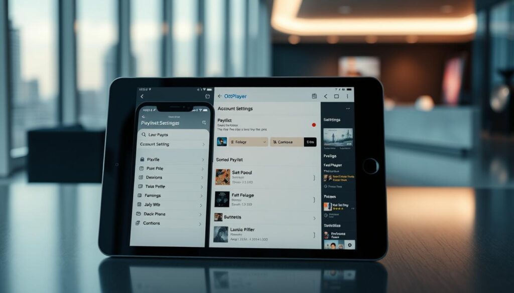 A modern and minimalist setup of the OttPlayer app on a tablet or smartphone display. The foreground shows the app's account settings screen, with options to configure the user profile, subscription plans, and payment information. The middle ground features the playlist management interface, allowing the user to browse, sort, and customize their media content. The background subtly suggests a sleek, high-tech ambiance, with a blurred cityscape or interior decor providing a sophisticated, technology-driven context. Soft, indirect lighting creates a clean, professional atmosphere, while the composition emphasizes the intuitive and user-friendly nature of the OttPlayer platform.