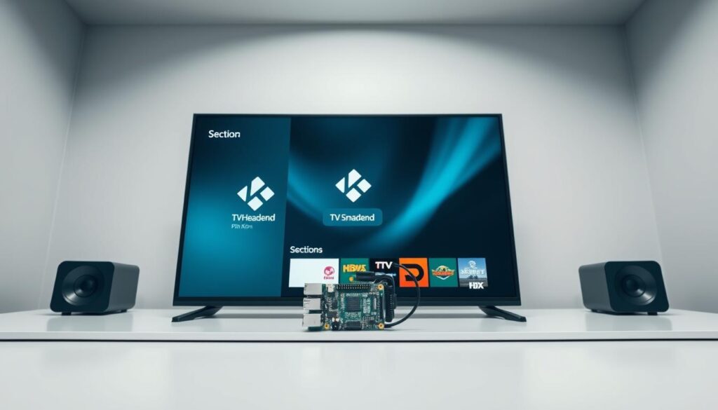 A modern home entertainment system with a Raspberry Pi running Kodi, TVHeadend, and various add-ons. The setup is displayed on a sleek, minimalist desk against a backdrop of clean, bright lighting. The screen shows the Kodi interface, with TVHeadend and add-ons like IPTV Smarters prominently featured, conveying a sense of seamless integration and functionality. The overall scene exudes a professional, technology-driven atmosphere, reflecting the subject matter and title of the article section.