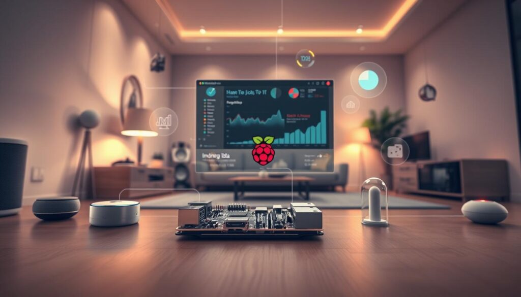 A modern, interconnected smart home environment with various devices seamlessly integrating and streaming data. In the foreground, a sleek Raspberry Pi device serves as the central hub, surrounded by smart home appliances, voice assistants, and IoT sensors. The middle ground features a visually striking data visualization dashboard, displaying real-time metrics and analytics. The background showcases a minimalist, technologically-advanced living space with subtle lighting, clean lines, and a sense of harmony between technology and design. The overall atmosphere conveys a sense of efficiency, connectivity, and the future of home automation.
