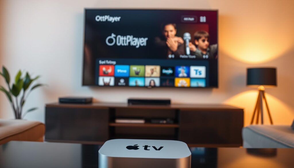 A modern living room interior with a large flat-screen TV mounted on the wall. In the foreground, an Apple TV device is prominently displayed, its sleek silver casing gleaming under warm, diffused lighting. The TV screen displays the OttPlayer interface, showcasing its user-friendly design and intuitive controls. The overall scene conveys a sense of technological sophistication and seamless home entertainment integration. The lighting is soft and inviting, creating a cozy and welcoming atmosphere. The room's decor is minimalist and stylish, allowing the Apple TV and OttPlayer to take center stage.