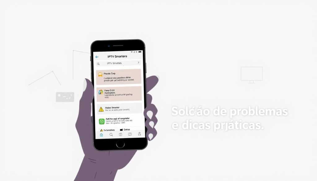 A modern, minimalist illustration depicting a troubleshooting process for the IPTV Smarters application. In the foreground, a user's hand holds a smartphone displaying the IPTV Smarters interface, with various UI elements and icons suggesting different troubleshooting steps. The middle ground features abstract geometric shapes and lines, representing the underlying technologies and systems involved. The background has a soft, neutral color palette, creating a calm, focused atmosphere. The overall composition conveys a sense of problem-solving, with a clean, professional aesthetic suitable for the "Solução de Problemas e Dicas Práticas" section of the article.