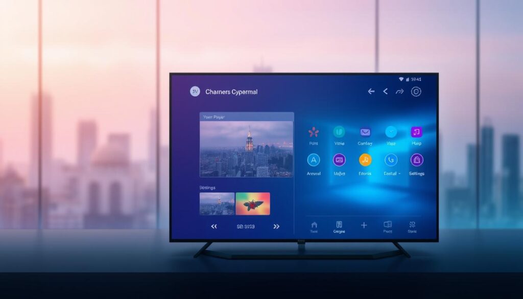A modern, minimalist illustration of the IPTV Smarters Pro user interface, showcasing its key features and functionalities. The foreground depicts the sleek, intuitive app layout with clean lines, vibrant colors, and intuitive iconography. The middle ground highlights key elements like the channel grid, video player controls, and settings menu. The background features a subtle, blurred cityscape or abstract geometric pattern, creating a sense of depth and contemporary design. The overall mood is one of elegance, technology, and user-centric simplicity, reflecting the advanced capabilities of the IPTV Smarters Pro platform.