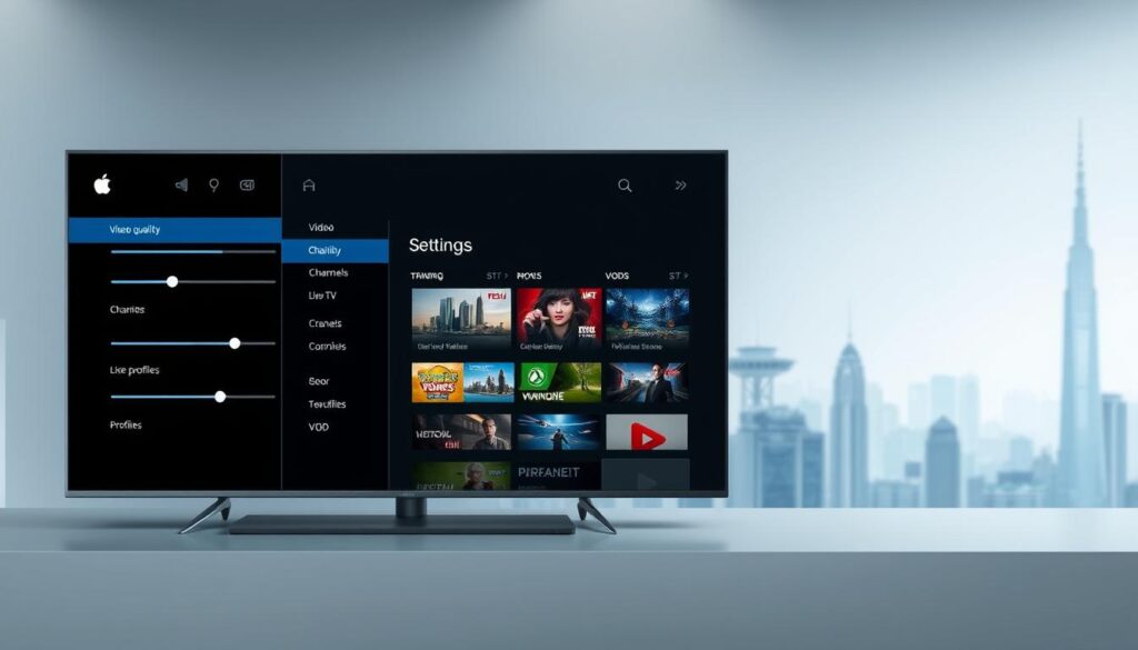 A modern, minimalist interface with intuitive IPTV Extreme customization controls. In the foreground, sleek icons and sliders allow adjusting settings like video quality, channel layout, and user profiles. The middle ground features a clean, responsive dashboard displaying live TV channels, DVR recordings, and VOD content. The background showcases a subtle, blurred cityscape with cool, futuristic architecture, evoking a sense of advanced, cutting-edge technology. Soft, indirect lighting highlights the interface elements, creating a polished, professional aesthetic. The overall composition conveys the powerful personalization capabilities and seamless user experience of IPTV Extreme on Apple TV.