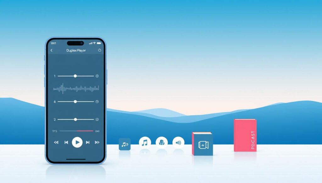 A modern, minimalist-style illustration showcasing the key features and functionalities of the Duplex Player app for iOS. The foreground displays the app's user interface, with intuitive playback controls, equalizer settings, and audio visualization elements. The middle ground highlights various supported media formats, including music files, podcasts, and audio books, represented by corresponding icons. The background subtly suggests a serene, technology-infused environment, with soft gradients and geometric patterns. The overall composition conveys a sense of simplicity, efficiency, and user-friendliness, reflecting the app's purpose and the article's focus on exploring its capabilities.