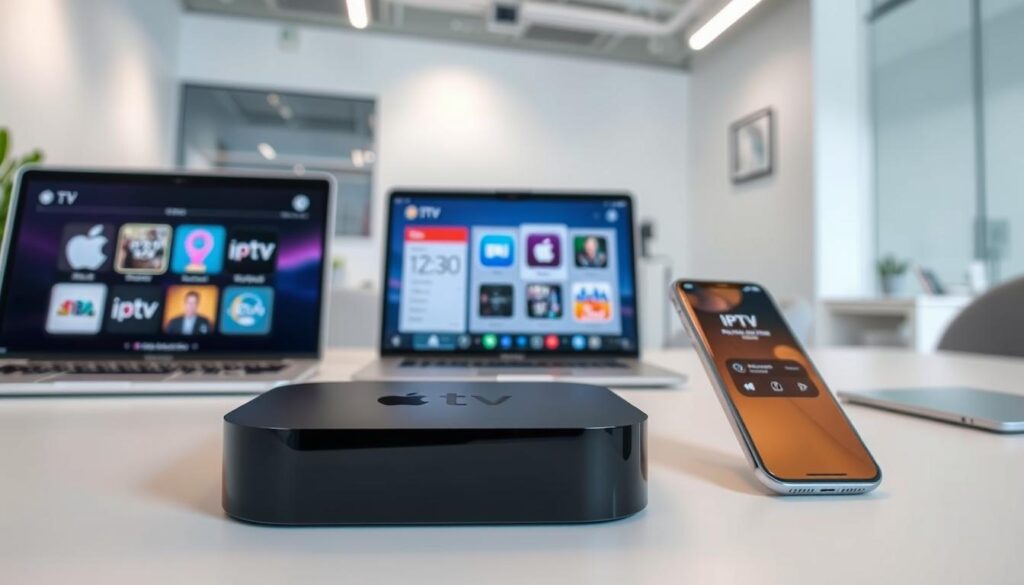 A modern office setting with various devices and technology representing alternative IPTV streaming methods. In the foreground, a sleek Apple TV device sits prominently, symbolizing the central focus of the article. In the middle ground, a laptop and smartphone display different IPTV app interfaces, showcasing alternative streaming options. The background features a minimalist workspace with clean lines, bright lighting, and subtle hints of the Apple ecosystem, creating a professional, tech-savvy atmosphere. The scene conveys a sense of exploration and problem-solving around the topic of IPTV streaming on Apple TV.