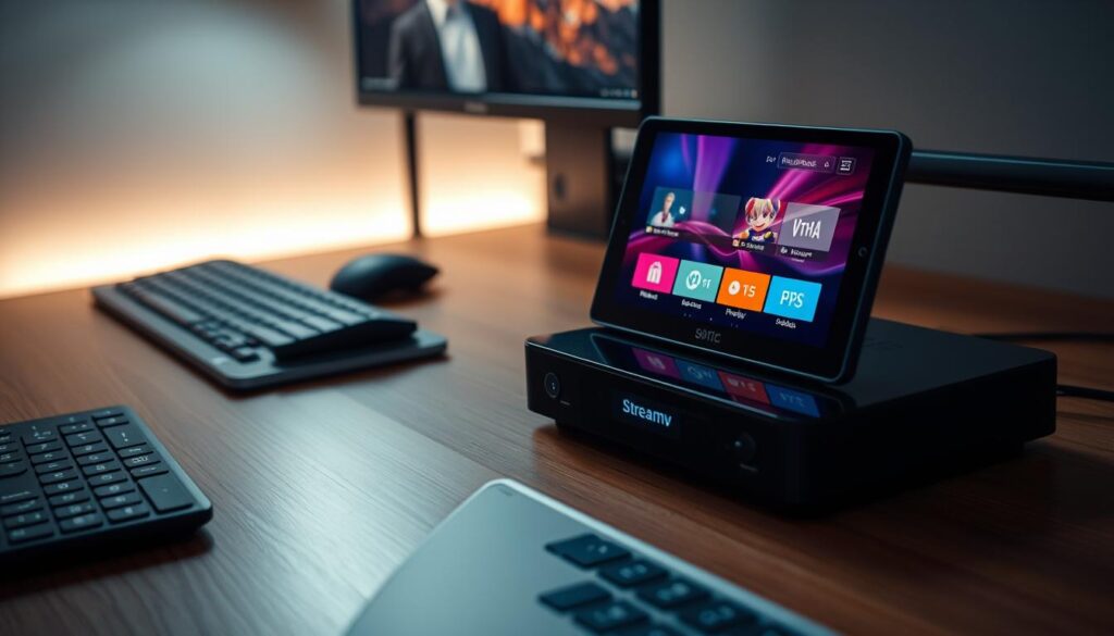 A modern, sleek streaming device resting on a minimalist, wooden desk, its screen displaying a vibrant, colorful interface optimized for IPTV streaming. The device is surrounded by a sophisticated, high-tech setup, including a wireless keyboard, a high-resolution display, and subtle, ambient lighting that creates a cozy, focused atmosphere. The image conveys a sense of efficiency, simplicity, and the seamless integration of technology into a comfortable, productive workspace.