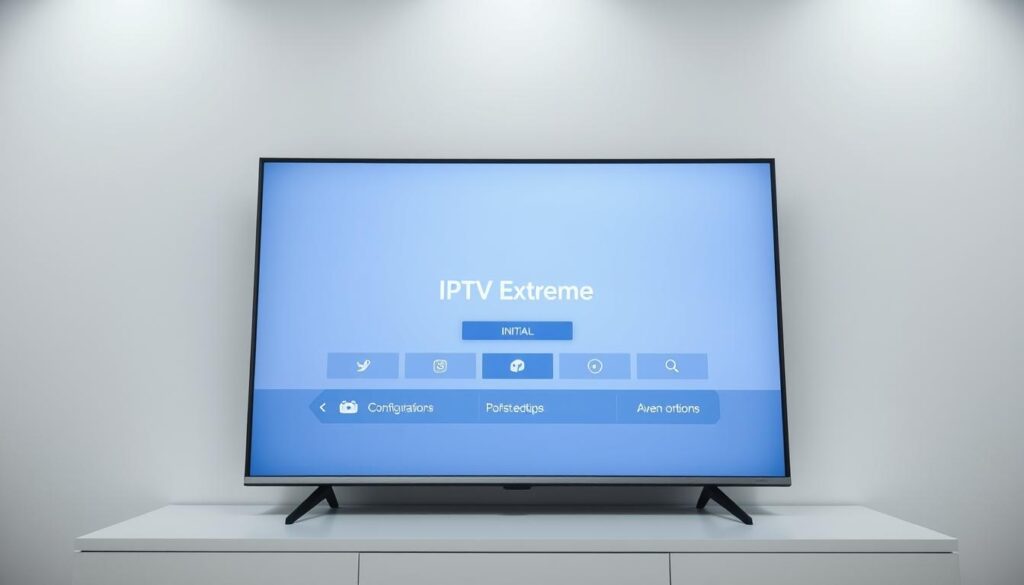 A modern smart TV interface displaying the initial setup screen for the IPTV Extreme app. The screen features a clean, minimalist design with a central title "IPTV Extreme" and various configuration options arranged neatly around it. The background is a soft, neutral tone that provides a serene and unobtrusive backdrop. The lighting is soft and evenly distributed, creating a professional and inviting atmosphere. The camera angle is slightly elevated, giving the viewer a comfortable and comprehensive view of the setup process. The overall composition conveys a sense of simplicity, clarity, and user-friendliness, reflecting the goal of guiding the user through the initial configuration of the IPTV Extreme app on their smart TV.