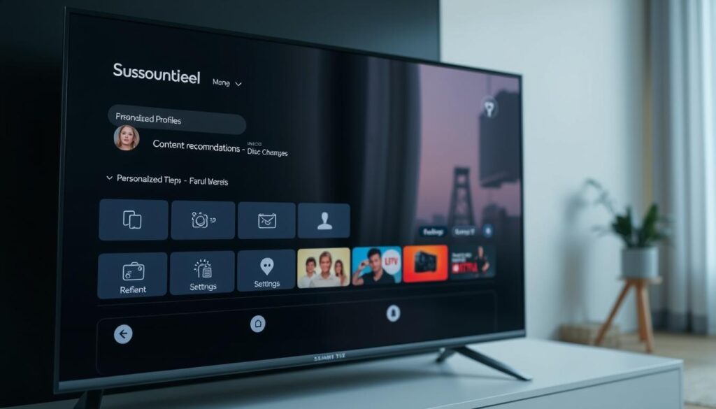 A modern smart TV screen displaying a personalized streaming app interface. The foreground shows a clean, minimalist design with a focus on content recommendations and customization options. Sleek icons, smooth transitions, and a balanced color palette create an intuitive and visually appealing user experience. The middle ground features personalized user profiles, settings, and playback controls. The background blurs to emphasize the main interactive elements. Soft ambient lighting and a subtle gradient add depth and a premium feel. The overall impression is of a highly customizable, user-friendly, and aesthetically pleasing streaming app tailored to the individual viewer's preferences.
