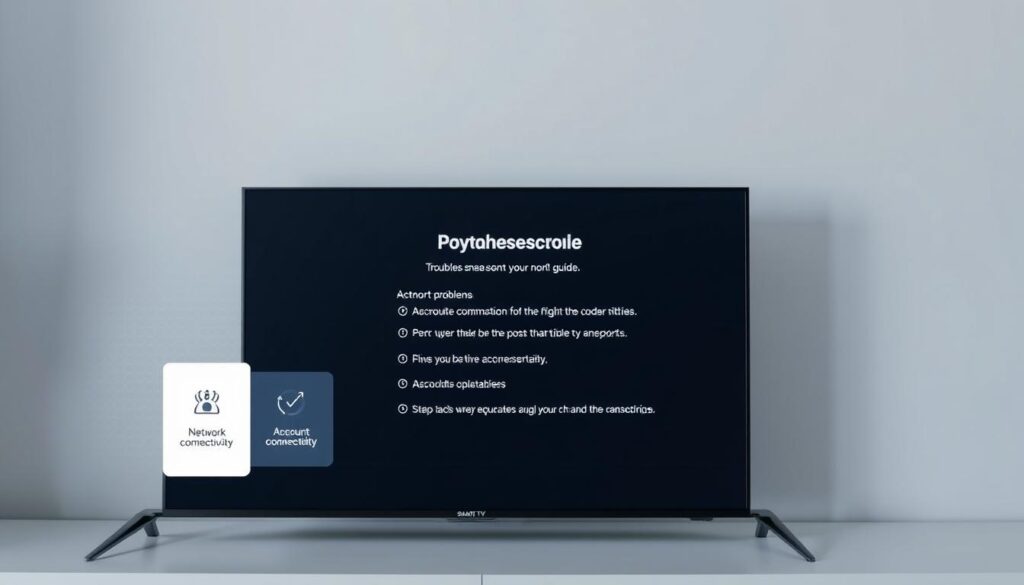 A modern smart TV screen displaying a troubleshooting guide for the IPTV Smarters app. In the foreground, a series of clean, minimalist icons illustrate common issues like network connectivity, account problems, and playback errors. The middle ground features a sleek, intuitive user interface with step-by-step solutions, complemented by a neutral color palette of grays and blues. In the background, a subtle mesh pattern creates a sense of depth and technical sophistication. Soft, even lighting illuminates the scene, conveying a calm, reassuring atmosphere for the viewer seeking guidance on optimizing their IPTV Smarters experience.