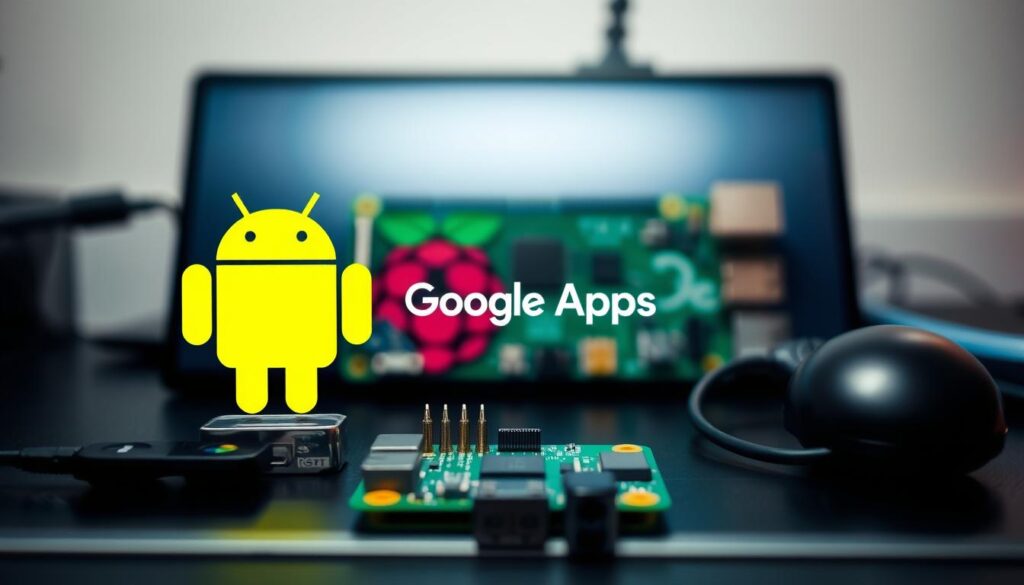 A neatly arranged desktop displaying the Google Apps Android icon against a backdrop of a Raspberry Pi device, showcasing the integration between the two systems. The Raspberry Pi is positioned in the foreground, its sleek design and subtle glow accentuating the technological convergence. The Google Apps icon stands prominently in the middle ground, its vibrant colors and familiar branding drawing the viewer's attention. The overall scene is illuminated by a soft, diffused lighting, creating a professional and polished atmosphere that aligns with the technical nature of the subject matter.