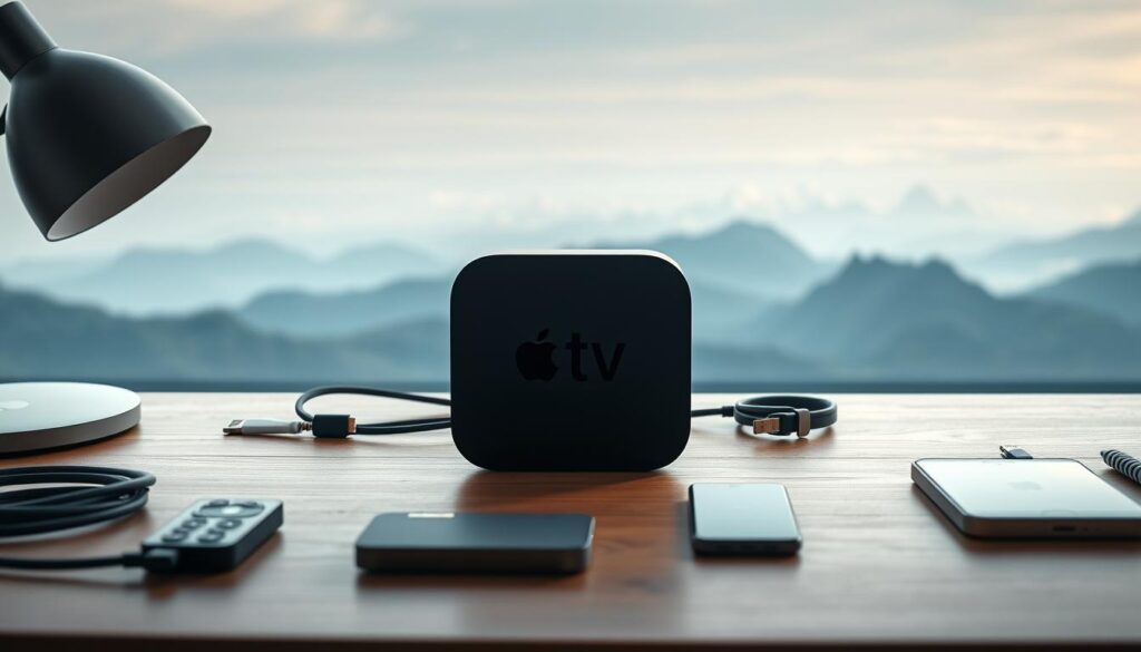 A peaceful, well-lit home office setup with a modern Apple TV device prominently displayed on a minimalist wooden desk. The device is surrounded by various tech accessories like cables, a remote, and a smartphone, all neatly arranged. The background features a serene landscape with mountains and a calming sky, creating a sense of balance and tranquility. The lighting is soft and indirect, enhancing the cozy atmosphere. The entire scene conveys a sense of thoughtful problem-solving and optimization, inviting the viewer to engage with the subject matter.