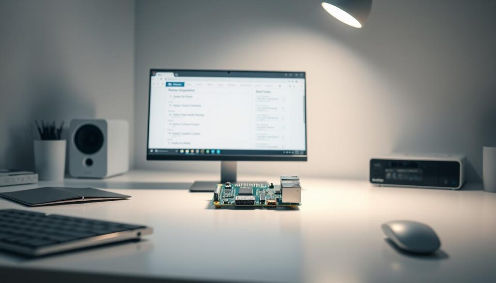 A pristine white desk, illuminated by soft, diffused lighting, showcases a Raspberry Pi device prominently displayed. On the screen, the intuitive interface of the Perfect Player application is visible, its configuration menu open and revealing various adjustment options. The scene conveys a sense of focused productivity, with clean lines and a minimalist aesthetic. The camera angle is slightly elevated, offering a comprehensive view of the setup, while the background remains subtly blurred, keeping the attention on the core subject matter. This image aims to visually encapsulate the "Configuração e Ajustes do Perfect Player" section, providing a clear and informative representation of the software's customization capabilities.