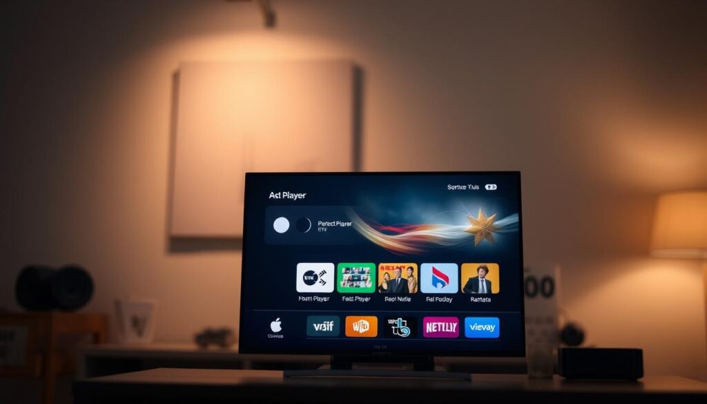 A professional Apple TV interface displaying the Perfect Player media player, showcasing its intuitive controls and clean layout. The screen is prominently featured, occupying the foreground, with a warm, softly lit ambiance that conveys a sense of simplicity and ease of use. The middle ground features a blurred background, hinting at the broader IPTV configuration and setup process, while the background maintains a subtle, uncluttered aesthetic to keep the focus on the central application. The overall composition should inspire confidence in the viewer's ability to successfully install and utilize Perfect Player on their Apple TV. A professional Apple TV interface displaying the Perfect Player media player, showcasing its intuitive controls and clean layout. The screen is prominently featured, occupying the foreground, with a warm, softly lit ambiance that conveys a sense of simplicity and ease of use. The middle ground features a blurred background, hinting at the broader IPTV configuration and setup process, while the background maintains a subtle, uncluttered aesthetic to keep the focus on the central application. The overall composition should inspire confidence in the viewer's ability to successfully install and utilize Perfect Player on their Apple TV.