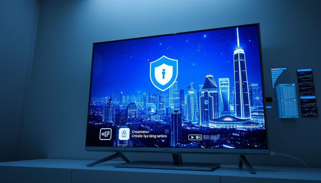 A secure and optimized IPTV service, represented by a sleek and modern interface displayed on a high-definition smart TV screen. The foreground features icons and UI elements suggesting security, encryption, and network optimization, while the background showcases a minimalist, futuristic cityscape with glowing skyscrapers and a starry night sky, conveying a sense of technological sophistication. Lighting is soft and diffused, creating a calming atmosphere. The camera angle is slightly elevated, giving a sense of overview and control over the IPTV system. The overall mood is one of technological prowess, safety, and seamless user experience.