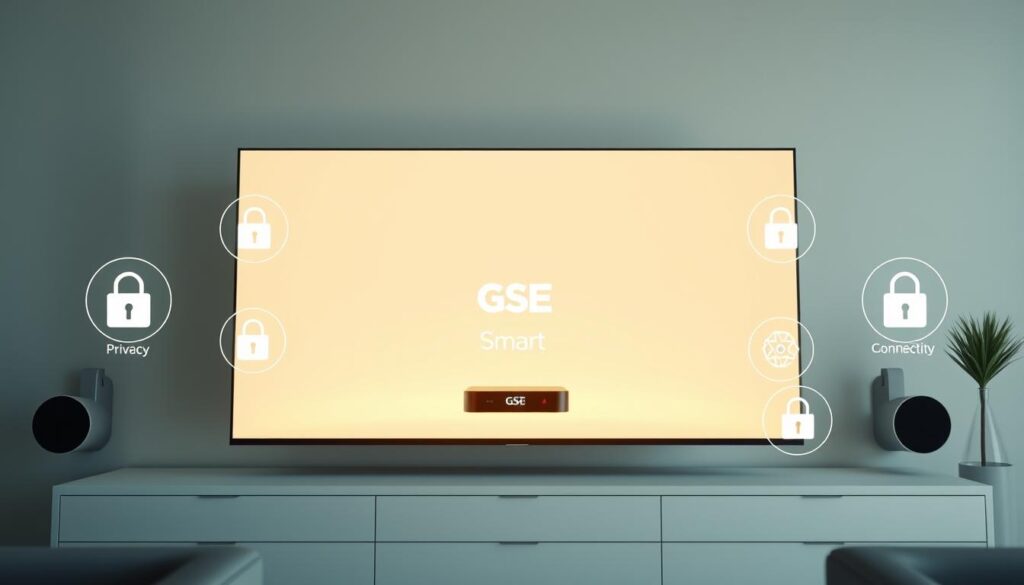 A serene and secure smart TV setup, with a central GSE Smart device surrounded by icons representing privacy, safety, and connectivity. The device is bathed in a warm, inviting glow, against a neutral background suggesting a modern, minimalist living space. Subtle visual cues like lock symbols and shield shapes convey the message of data protection and user control. The overall tone is one of technological sophistication and personal empowerment.