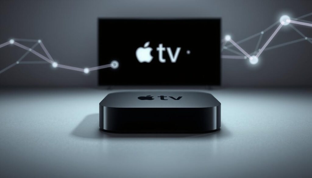 A serene, minimalist composition showcasing the optimization of streaming IPTV. A sleek, modern Apple TV device sits prominently in the foreground, its clean lines and metallic finish gleaming under soft, diffused lighting. In the background, a stylized visual representation of streaming data and network connectivity flows, represented by abstract geometric shapes and fluid lines of light, conveying the smooth, efficient delivery of IPTV content. The overall mood is one of technological sophistication and seamless user experience, capturing the essence of optimizing the IPTV streaming setup on an Apple TV platform.